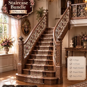 May include: A 1:12 scale Victorian style staircase bundle 9 piece set digital download STL file. The wooden staircase features ornate metal railings with floral accents and a floral patterned runner held by gold rods. Text includes 1:12 Scale, 12 Steps, Highly Detailed, Elegant Design, Easy to Print.