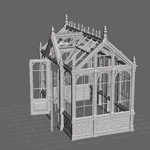 May include: A three-dimensional digital model of a Victorian-style greenhouse featuring a brick base, arched glass window panes, and a peaked roof with decorative finials. The structure includes two open doors on the side and a grid floor.