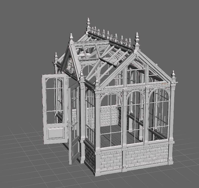 May include: A three-dimensional digital model of a Victorian-style greenhouse featuring a brick base, arched glass window panes, and a peaked roof with decorative finials. The structure includes two open doors on the side and a grid floor.