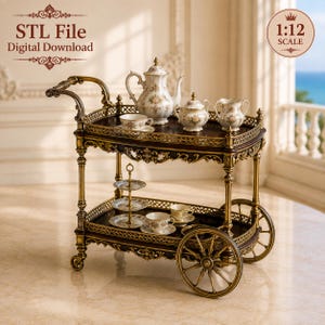 May include: A 1:12 scale STL file digital download of a two-tiered tea cart with ornate gold metal detailing and dark wood surfaces. The cart holds a porcelain tea set with floral patterns, including a teapot, sugar bowl, creamer, and cups.