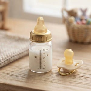 May include: A miniature baby bottle with a gold cap and a silicone teat, filled with white liquid, featuring a printed scale up to 50 ml with star accents. Beside it sits a matching cream-coloured dummy with a gold ring handle.