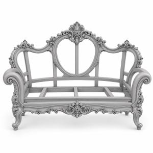 May include: A light gray sofa frame featuring an ornate, carved wooden structure with intricate floral and scrollwork detailing. The backrest includes a central heart-shaped open frame, curved armrests, and a sturdy base with four carved legs.