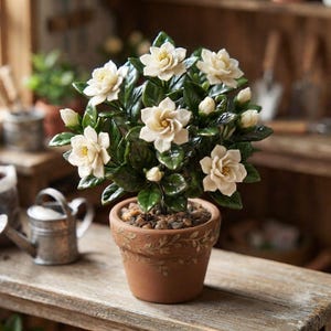 Puede incluir: Una planta de gardenia en miniatura en maceta con hojas de color verde oscuro brillante y varias flores de color blanco crema con múltiples pétalos. La planta está en una pequeña maceta de arcilla color terracota con un patrón de hojas grabado.