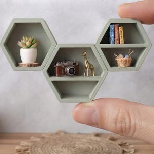 May include: A miniature set of three connected sage green hexagonal shelves. The left shelf holds a small potted succulent. The center shelf contains a brown camera and a gold giraffe figurine. The right shelf displays tiny books and a basket.