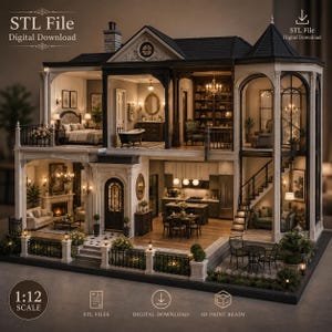 May include: A 1:12 scale dollhouse miniature mansion featuring multiple furnished rooms, including a bedroom, bathroom, library, kitchen, and living area. The structure has a black roof, white exterior walls, and a front patio with a black metal fence.