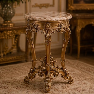May include: A round side table featuring a polished marble top with brown and white veining. The base is constructed from gold-toned metal with intricate, ornate carvings, curved legs, and a central support structure with detailed scrollwork.