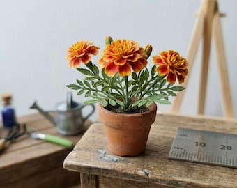 1:12 poppenhuisgoudsbloem, miniatuur oranje bloempot, poppenhuistuinplant STL-bestand