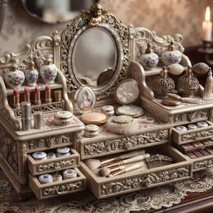 May include: A cream-colored ornate vanity organizer featuring an oval mirror, multiple small drawers, and shelves. It is filled with various cosmetics, including lipsticks, perfume bottles, makeup brushes, and compacts, all arranged in a structured display.
