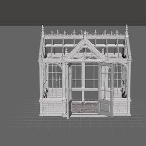 May include: A light gray 3D digital model of a greenhouse featuring a gabled roof with decorative finials, a central arched window frame, and two open glass-paneled doors. The structure includes brick-patterned lower walls and vertical window panes.