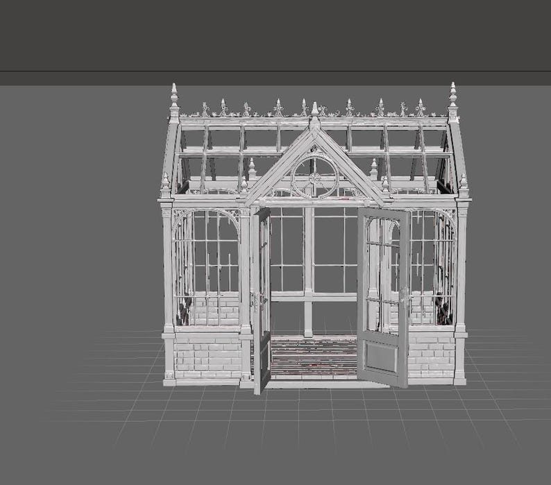 May include: A light gray 3D digital model of a greenhouse featuring a gabled roof with decorative finials, a central arched window frame, and two open glass-paneled doors. The structure includes brick-patterned lower walls and vertical window panes.