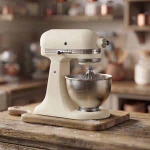 Könnte beinhalten: Eine cremefarbene Küchenmaschine mit einer silberfarbenen Metallschüssel und einem Schneebesenaufsatz. Das Gerät verfügt über einen neigbaren Kopf, einen silbernen Geschwindigkeitsregler an der Seite und einen Metallanschluss vorne.