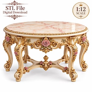 May include: A 1:12 scale digital download STL file of a round table featuring a pink marble-patterned top, cream-colored frame, gold-toned ornate carvings, and small pink rose accents on the legs and apron, with a central cross-stretcher base.