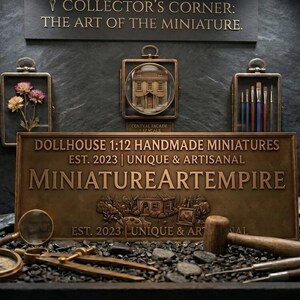 May include: A bronze-toned sign reading DOLLHOUSE 1:12 HANDMADE MINIATURES EST. 2023 | UNIQUE & ARTISANAL MINIATUREARTEMPIRE, surrounded by miniature tools, a magnifying glass, a compass, a wooden mallet, and framed displays on a dark stone surface.