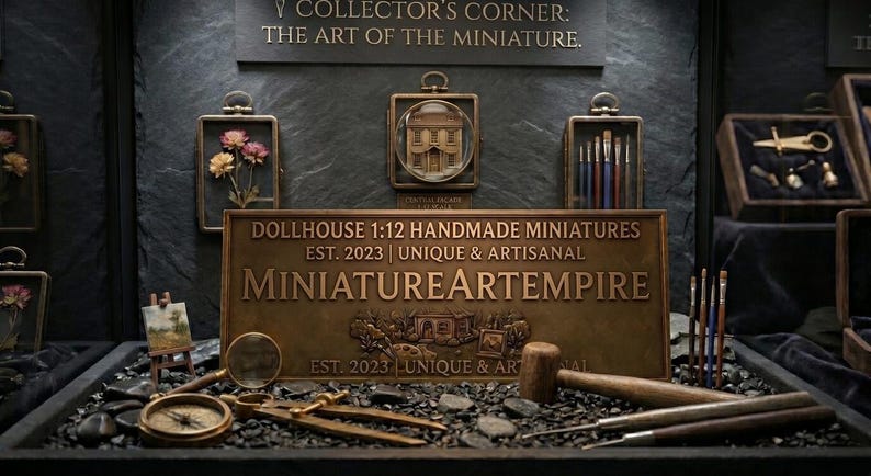 May include: A bronze-toned sign reading DOLLHOUSE 1:12 HANDMADE MINIATURES EST. 2023 | UNIQUE & ARTISANAL MINIATUREARTEMPIRE, surrounded by miniature tools, a magnifying glass, a compass, a wooden mallet, and framed displays on a dark stone surface.