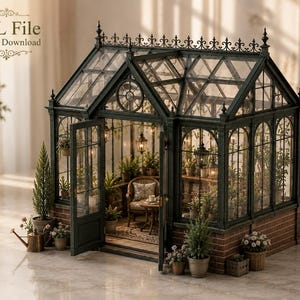 May include: A miniature greenhouse model with dark green metal framing, glass panels, and a brick base. The structure features an open door, interior potted plants, a small chair, and hanging lanterns. Text in the upper left reads STL File Digital Download.