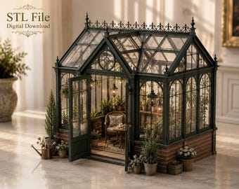 May include: A miniature greenhouse model with dark green metal framing, glass panels, and a brick base. The structure features an open door, interior potted plants, a small chair, and hanging lanterns. Text in the upper left reads STL File Digital Download.