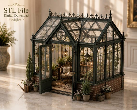 Miniature Greenhouse STL File 1 12 Scale Dollhouse Structure Victorian Conservatory Glasshouse Botanical Diorama Roombox Decor STL
