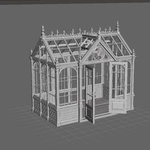 May include: A 3D digital model of a light gray greenhouse featuring a brick-patterned base, glass-paneled walls, and a gabled roof with decorative finials. The structure includes a double-door entrance and a circular window detail on the front gable.