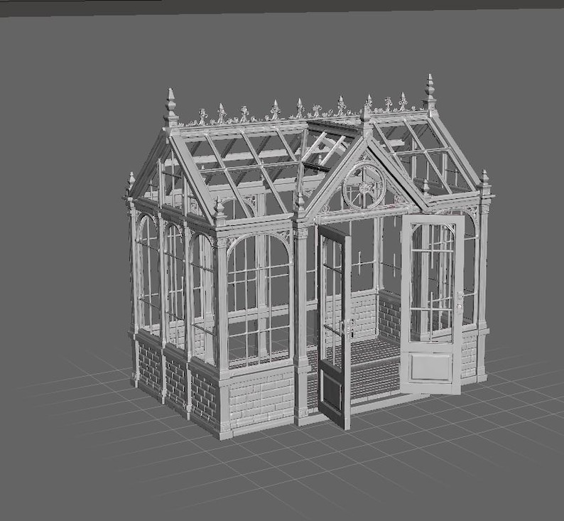 May include: A 3D digital model of a light gray greenhouse featuring a brick-patterned base, glass-paneled walls, and a gabled roof with decorative finials. The structure includes a double-door entrance and a circular window detail on the front gable.