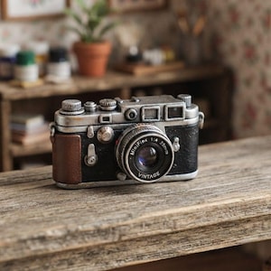 May include: A miniature vintage-style camera with a black and silver metal body, a brown leather-textured grip on the left side, and a circular lens featuring the text MiniFlex 1:4 15mm VINTAGE printed in white around the glass element.