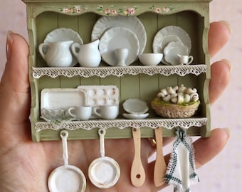 Miniature Kitchen Wall Shelf for Dollhouse Cottagecore 1 12 Scale Rustic Sage Green Shabby Chic Rack