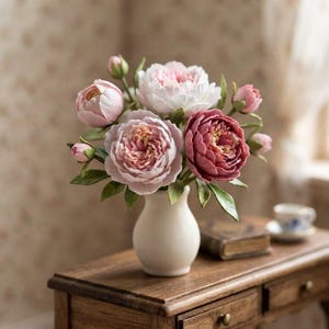 Könnte beinhalten: Ein Miniatur-Arrangement aus künstlichen Pfingstrosen in den Farben Hellrosa, Weiß und Dunkelrosa, mit mehreren geschlossenen Knospen und grünen Blättern. Die Blumen stehen in einer kleinen, glatten, cremeweißen Keramikvase mit rundem Boden.