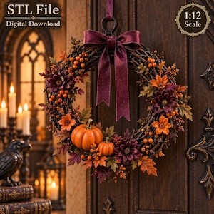 May include: A 1:12 scale wreath featuring a dark twig base, orange pumpkins, deep purple flowers, and autumn-colored leaves, accented with a dark purple ribbon. The image includes the text STL File, Digital Download, and 1:12 Scale.