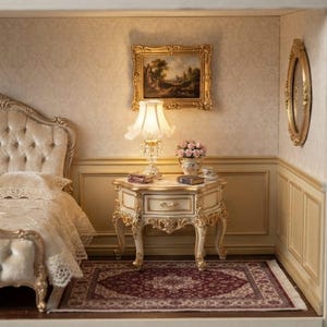 Miniature Nightstand STL File 1 12 Scale Dollhouse Furniture French Bedside Table Gold Ivory Cabinet Dollhouse Bedroom Boudoir Decor