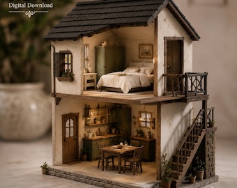 May include: A two-story miniature dollhouse featuring a dark shingled roof, an open-concept design, and a stone-textured base. The upper level contains a bedroom with a bed and wardrobe, while the lower level includes a kitchen, dining table, and chairs.