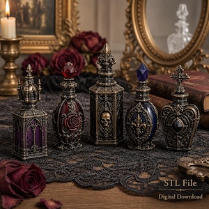 May include: Five ornate, decorative bottles with intricate metallic bronze-toned filigree detailing. The bottles feature various colored glass elements, including purple, red, blue, and black, with sculpted motifs like a skull, rose, and fleur-de-lis.