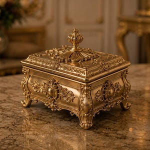 Pode incluir: Uma caixa retangular de metal dourado com um padrão em relevo ornamentado em todos os lados e uma tampa a condizer com um remate central. A caixa assenta sobre quatro pés curvos e detalhados, com um acabamento metálico polido.