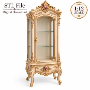 May include: A 1:12 scale digital download STL file of a cream-colored curio cabinet with gold trim and pink rose accents. The cabinet features a glass door, glass shelves, and ornate carved details on the frame, legs, and drawer front.