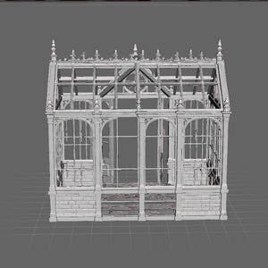 May include: A white, three-dimensional digital model of a Victorian-style greenhouse featuring a gabled roof, arched window frames, and decorative finials along the roofline. The structure has a brick-patterned base and a grid-like glass frame.