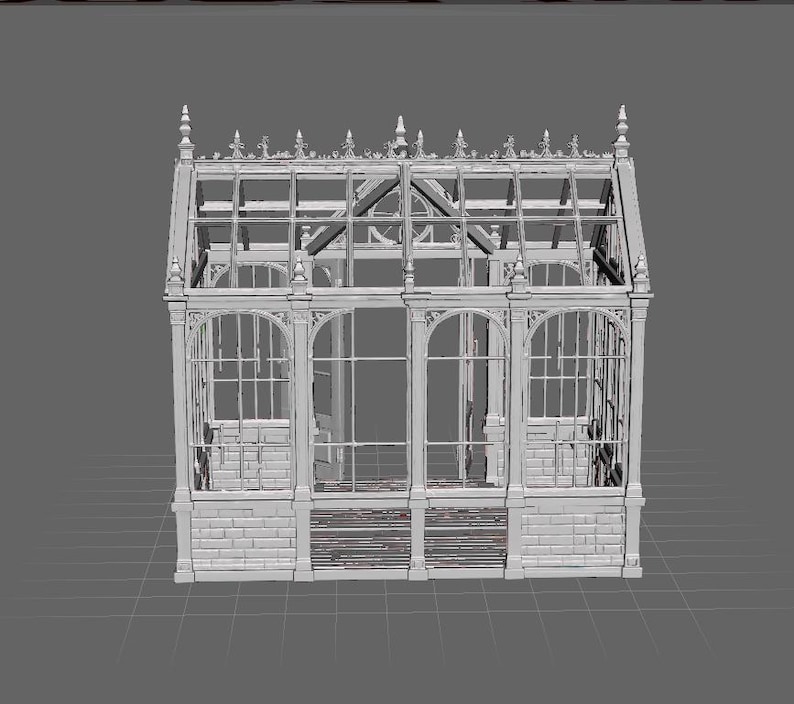 May include: A white, three-dimensional digital model of a Victorian-style greenhouse featuring a gabled roof, arched window frames, and decorative finials along the roofline. The structure has a brick-patterned base and a grid-like glass frame.