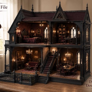 Peut inclure: Une maison de poupée à plusieurs étages avec un extérieur sombre et orné et un intérieur détaillé comprenant plusieurs pièces, dont une chambre, une bibliothèque, un salon et une salle à manger. La structure comprend un escalier, des lustres et des meubles miniatures. Texte : STL File et Digital Download.