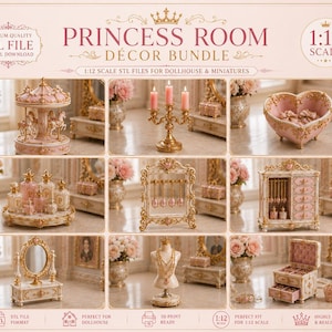 May include: A digital download bundle of 1:12 scale STL files titled Princess Room Decor Bundle. The collection features miniature dollhouse items including a carousel, candelabra, heart-shaped bowl, perfume set, jewellery stand, cabinet, mirror, mannequin, and jewellery box with ornate gold and pink details.
