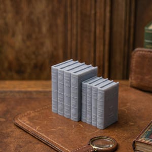 May include: A set of seven light grey, miniature book-shaped objects arranged in two rows of varying heights. The objects feature embossed spine details, including horizontal lines and small circular motifs, mimicking the appearance of classic books.