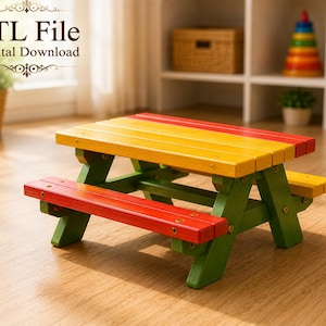 May include: A miniature wooden picnic table featuring a yellow tabletop, red benches, and green support legs. The text STL File Digital Download is visible in the upper left corner. The structure is assembled with visible metal screws.