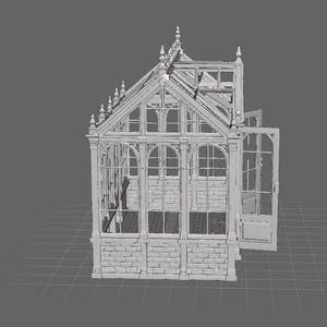 May include: A 3D digital model of a white greenhouse structure featuring a brick-patterned base, arched window frames, and a peaked roof with decorative finials. The structure includes a side door that is open, revealing an interior floor.