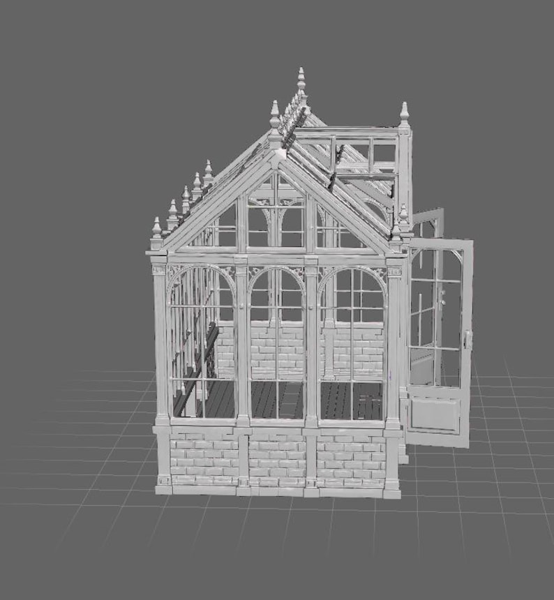 May include: A 3D digital model of a white greenhouse structure featuring a brick-patterned base, arched window frames, and a peaked roof with decorative finials. The structure includes a side door that is open, revealing an interior floor.