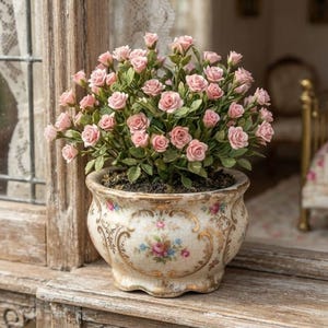 Miniatyr roskruka STL-fil 1 12 skala dockhustillbehör Vintage blommig plantering rosa rosväxt dockhusfönsterdekor trädgårdsblomma