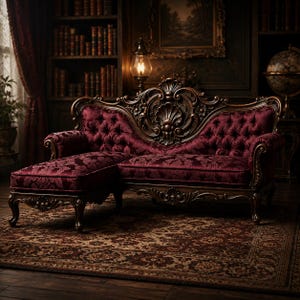 May include: A dark wood chaise lounge sofa featuring deep burgundy velvet upholstery with a tufted backrest and intricate carved wooden detailing along the frame. The piece includes a prominent shell-shaped crest at the center of the backrest.