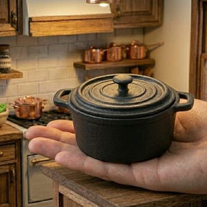 May include: A miniature black cast iron Dutch oven with a matching lid and two side handles. The round pot features a textured surface and a central knob on the lid. It is shown in a palm-sized scale, highlighting its compact design and construction.