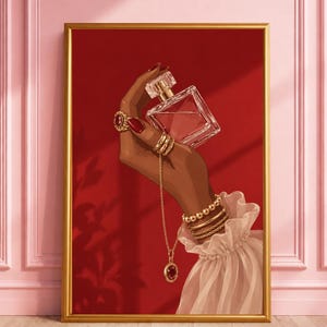 Luxury Perfume Wall Art, Red Aesthetic Decor Print, Hand Holding Fragrance Poster, Glam Bedroom Illustration, Red Nails Fashion Artwork