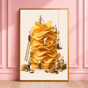 Potato Chips Print, Tiny Chef Poster, Whimsical Snack Wall Art, Cute Giant Food Decor, Housewarming Gift for Foodie, Kitchen Poster
