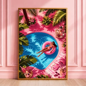 Roze kunst aan het zwembad, retro Vogue-poster, barwagenafdruk, drijvend in zwembaddecor, schattige Barbie-sfeer luxe vakantie galerij muurillustratie