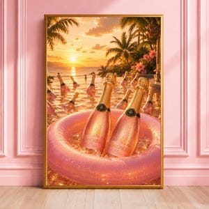 May include: A framed wall art print depicting two bottles of rose champagne resting in a pink inflatable pool float filled with ice. The background shows a tropical sunset over the ocean with palm trees and multiple champagne bottles in the water.