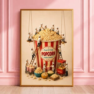 Impressão em miniatura de pipoca, diorama de chef em miniatura, pôster para sala de cinema, arte de parede cinematográfica divertida, decoração de cozinha retrô, presente fofo para sala de mídia para amantes da gastronomia