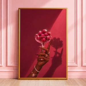 Coquette Wall Art, Cherry Red Poster, Raspberries Crystal Glass Print, Moody Luxury Kitchen Decor, Elegant Gold Jewelry Illustration Gift