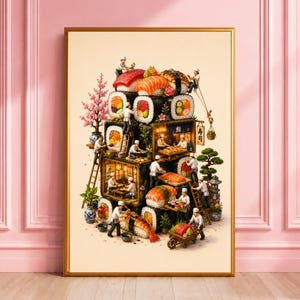 Pode incluir: Uma impressão de arte de parede emoldurada retratando um mundo em miniatura onde pequenos chefs em uniformes brancos preparam sushi e nigiri. A cena apresenta peças de sushi empilhadas, pequenas estruturas de madeira, uma cerejeira e uma placa com texto japonês.